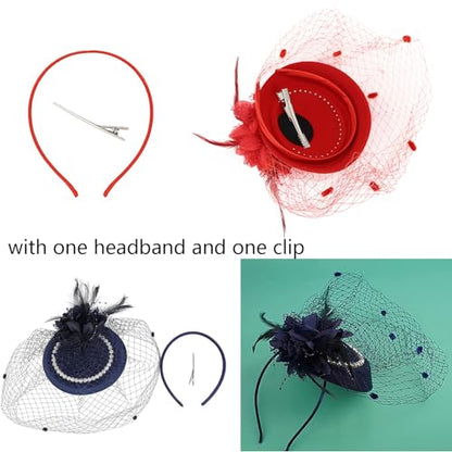 Fascinator Pillbox Hat for Women, Feather Flower Pearls Hair Headwear Veil - color: Green