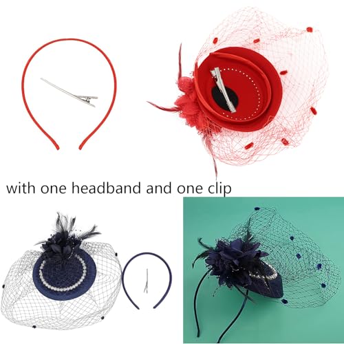 Fascinator Pillbox Hat for Women, Feather Flower Pearls Hair Headwear Veil - color: Beige
