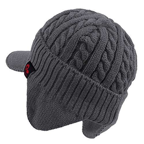 Original One Winter Ear Flap Visor Beanie Lining Hat with Billed Knit Brimmed Cap - color: Grey