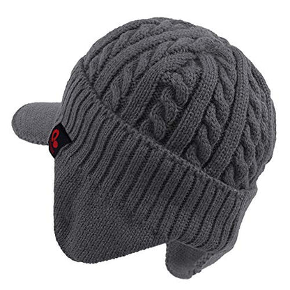 Original One Winter Ear Flap Visor Beanie Lining Hat with Billed Knit Brimmed Cap - color: Grey