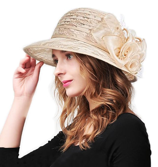 Women's Organza Derby Fascinator Hat Cloche Bowler Hat Cocktail Tea Party Wedding Sun Hat - color: A4-khaki
