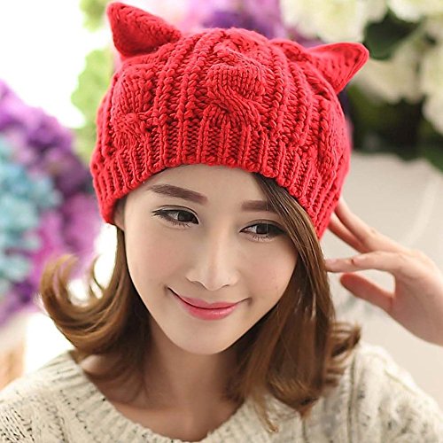 Women Winter Wool Baggy Beret Beanie Cute Devil Cat Ear Crochet Braided Knit Hat Ski Cap - color: Red