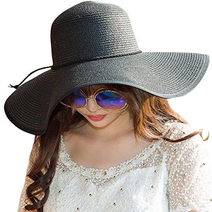 Lanzom Womens Wide Brim Straw Hat Big Floppy Foldable Roll up Cap Beach Sun Hat UPF 50+ - color: Twine-black