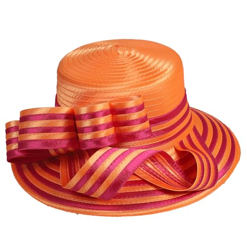 Women Derby Church Dress Fascinator Wide Brim Hats 1920s Vintage Tea Party Wedding Cloche Bowler Hats - color: Rose/Orange