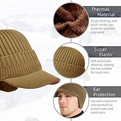 Men's Winter Hat with Brim, Warm Earflaps Hat for Men, Thick Fleece Lined Knit Winter Beanie Outdoor - color: Khaki
