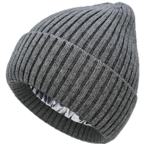 Satin Lined Wool Acrylic Blend Beanie Hat Women Men, Winter Knit Cap - color: Gray