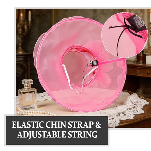 AQOKKA Women Organza Church Fascinators Kentucky Derby Hats for Women and Girls Wedding Flower Tea Party Hat with Wide Brim - color: Deep Pink