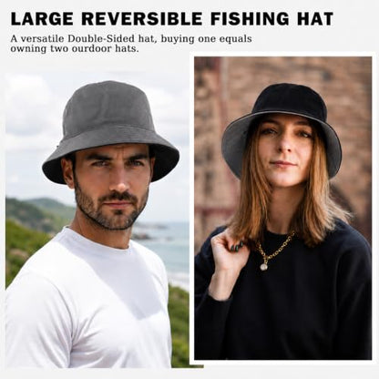 Oversize XXL Bucket Hat, Reversible Cotton Fisherman Hats, Unisex Double Side Wear Bucket Sun Hats with Chin Strap - color: Black-dark Grey, size: XX-Large