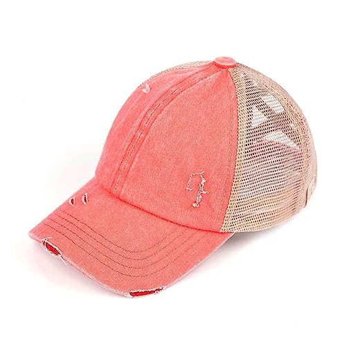 C.C. Childrens' Kids' Girls' Criss Cross High Bun Adjustable Mesh Trucker Baseball Cap - color: Cotton Twill, Coral
