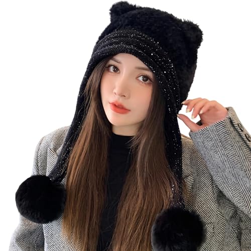 HUAMULAN Women Winter Sherpa Knit Beanie Hats with Pom Poms Ear Flaps - color: Black