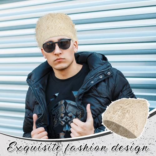 Chuarry Distressed Knitted Beanie Fuzzy Winter Hat - color: Assorted Apricot