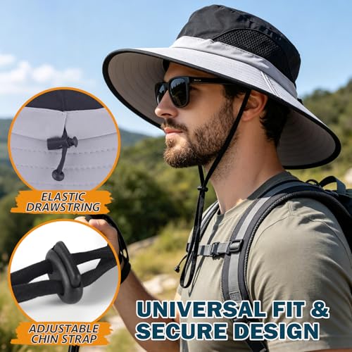 Wide Brim Sun Bucket Hat, Waterproof Boonie Hat for Men & Women - color: 02 Light Grey+black