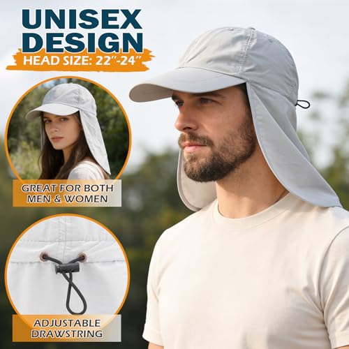 Baseball Sun Cap with Neck Flap, UPF 50+ Waterproof Sun Hat for Men Women - color: Light Grey