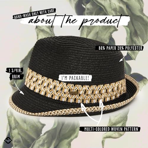 Funky Junque Short Brim Fedora Packable Sun Hat for Women - color: Black/Natural