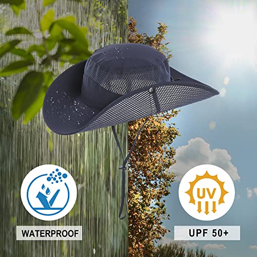Mens Sun Hat Wide Brim Breathable Mesh UPF 50+ Waterproof Fishing Hat Safari Hat Foldable Boonie Cap - color: Navy Blue