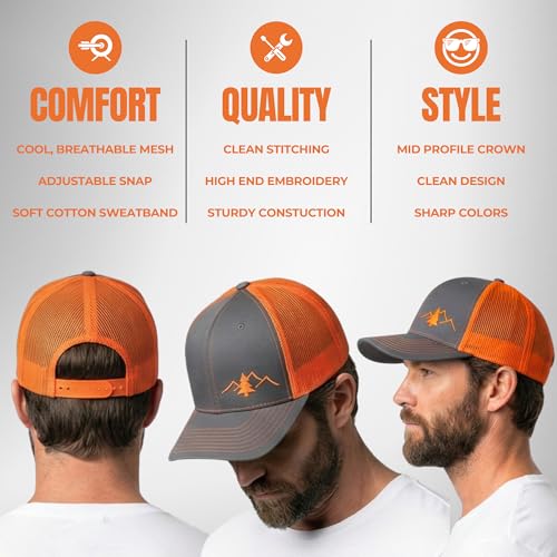 LINDO Trucker Hat [ Great Outdoors Design ] for Men and Women: Mid Profile Cap with Breathable Mesh Back and Adjustable Snap - color: Graphite/Orange