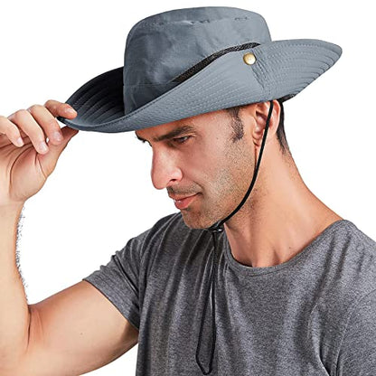 Sun Hats for Men Women UPF 50+ Wide Brim Bucket Hat Waterproof Packable Cowboy Hat for Fishing Beach Safari Gardening Golf - color: Light Grey