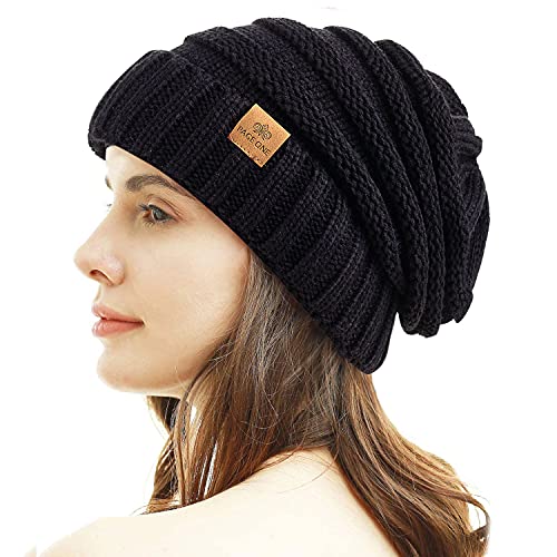 Womens Winter Beanie Warm Knit Hat Cable Stretch Trendy Ribbed Chunky Cap - color: Balck+light Gray