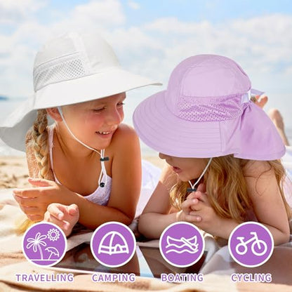 Toddler Baby Sun Hat Kids Summer Beach Essentials Adjustable Beach Hats with Bucket Wide Brim for Boys Girls Age 0-14 Years - color: 2 Pack - Purple+white, size: 0-6 Months