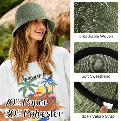 Babalet Summer Straw Beach Sun Hats for Women Packable Floppy Bucket Hat - color: Green