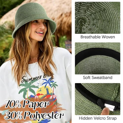 Babalet Summer Straw Beach Sun Hats for Women Packable Floppy Bucket Hat - color: Green