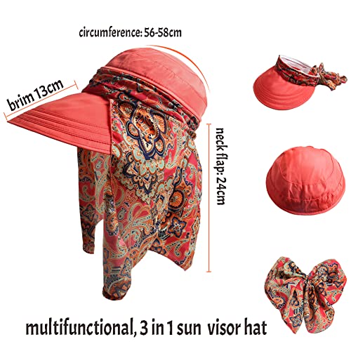 Women Wide Brim Sun Hat Multifunctional Beach Hat Foldable Sun Visor with Removable Neck Flap Bowknot - color: Watermelon Red