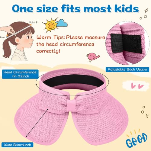 ZOORON Girls Straw Sun Visor Hat, Wide Brim Ponytail Beach Hat with Bow - color: Pink