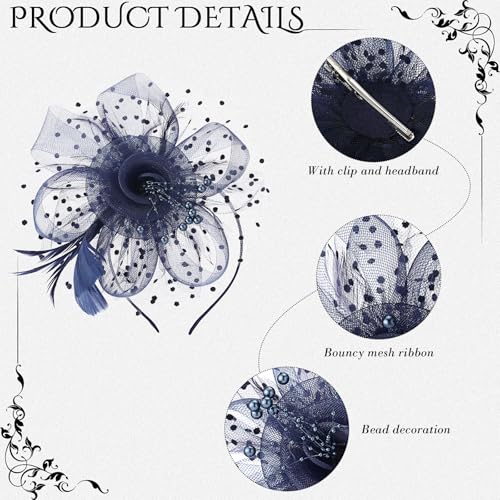 Yaomiao 5 Pcs 1920s Tea Party Accessories Fascinator Hat Gloves - color: Navy Blue