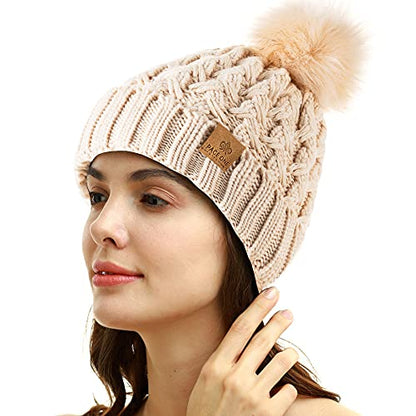 PAGE ONE Womens Winter Ribbed Beanie Crossed Cap Chunky Cable Knit Pompom Soft Warm Hat - color: Beige