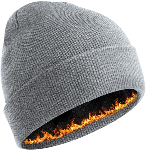 Fleece Lined Beanie for Men Women Knit Thick Warm Winter Beanies Hat - color: Light Grey