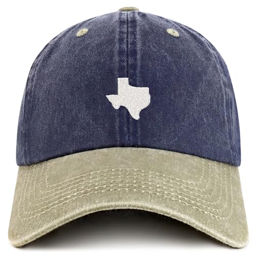 Trendy Apparel Shop Texas State Map Embroidered Washed Cotton Adjustable Cap - color: Navy Khaki