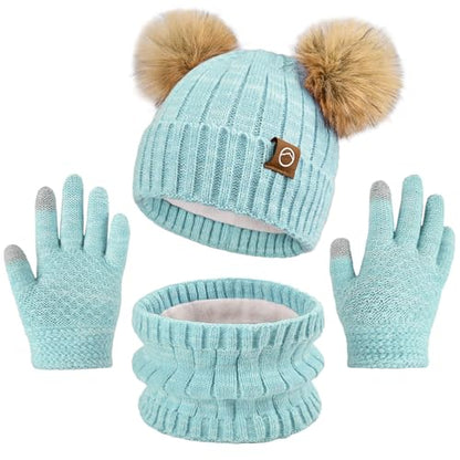 Kids Winter Hat Gloves Scarf Set Girls, Children Beanies Hats with Pom Pom - color: Mint Green Mix