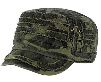 D&Y Unisex 100% Cotton Military Cadet Hat - Distressed Frayed Flat Top Cap - Adjustable Everyday Patrol Hat - color: Camo