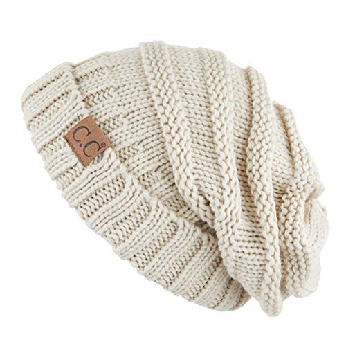 C.C Hat-100 Oversized Baggy Slouch Thick Warm Cap Hat Skully Cable Knit Beanie - color: Beige Solid