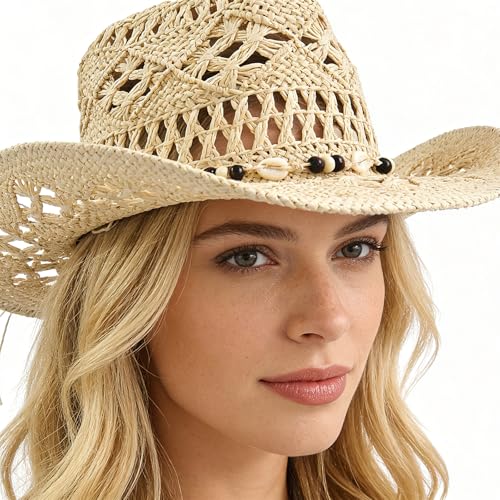 Straw Cowboy Hat for Women, Cowgirl Hat Wide Brim Western Cowboy Hat - color: Style2