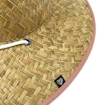 Women's Wide Brim Straw Sun Hat for Beach, Lifeguard Style, Hand-Woven Rush & Mat, Adjustable Chin Drawstring - color: The Rose