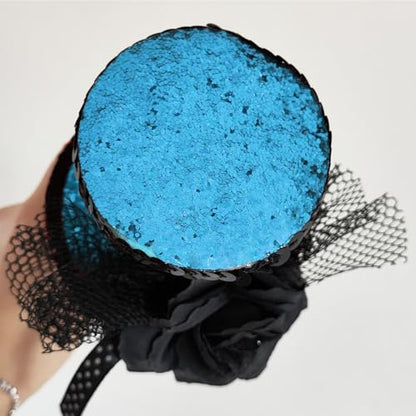 WLBON Halloween Mini Top Hat Headband 1920s Flower Sequins Hair Hoops Bands Fascinator Headpiece Hairband Women Christmas Holiday Festival Parade Cosplay Dress Up Birthday Tea Party Accessories Blue - color: Blue Tone