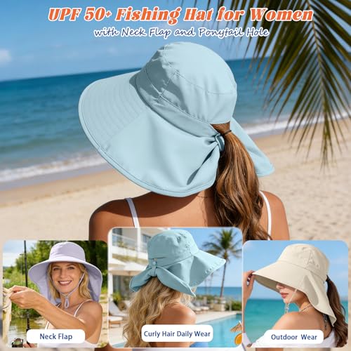 Ruqizhi Sun Hats for Women with Neck Flap Ponytail Hole Women Sun Hats Rollable UV Protection Fishing Hats Wide Brim UPF 50+ - color: Light Blue