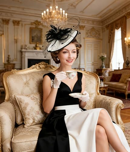 Z&X Sinamay Fascinator Hat Floral Feather Pillbox Derby Hats for Women Wedding Tea Party with Headband Clip - color: 002- Black and White