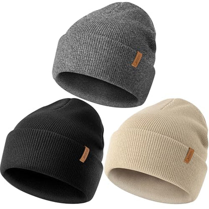 Beanie for Men Women, Winter Double Layer Warm Hat Skull Cap - color: Beige+dark Grey+black