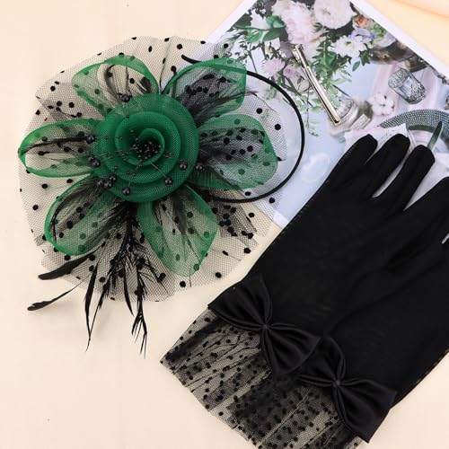 Womens Fascinators Hats and Gloves Set Short Lace Gloves Tea Party Flower Mesh Hair Clips - color: Black Green
