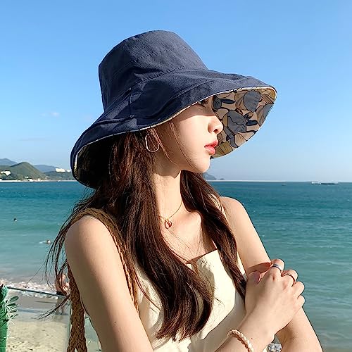 HUAMULAN Wide Brim Women Summer Sun Floppy Hat Reversible Beach Bucket Hat - color: M1744-navy