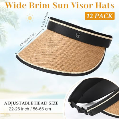 12 Pack Wide Brim Sun Visor Hats for Women UPF 50+ Foldable Straw Beach Hat UV Protection for Travel, Vacation - color: Khaki