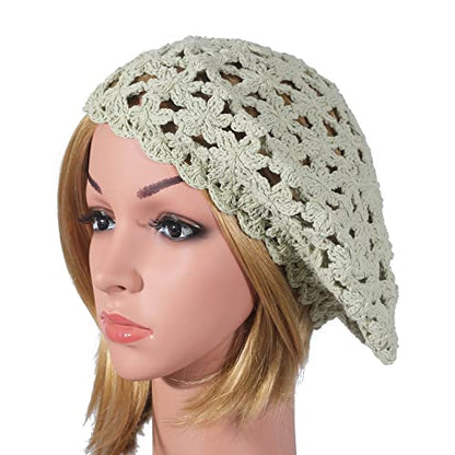 ZLYC Women Cotton Slouchy Crochet Beret Handmade Cutout Floral Beanie Hat - color: Solid Green