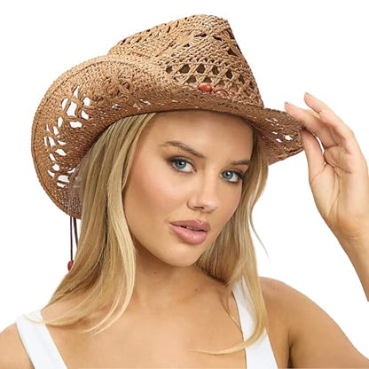 AQOKKA Straw Cowboy Hats for Women Men Western Cowgirl Hats with Shapeable Brim Woven Hollow Out Unisex Beach Roll Up Caps - color: Brown Beads Cowboy Hat : Khaki a