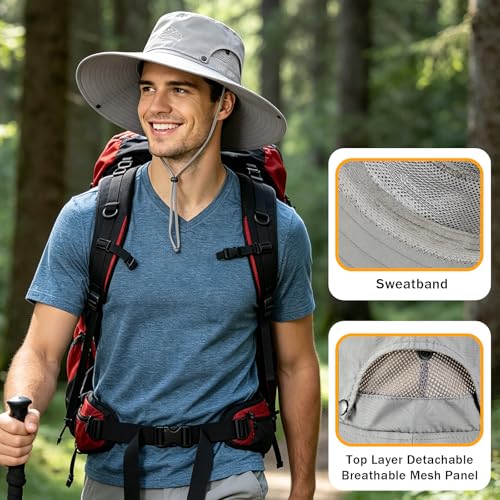 Mens Sun Hat Wide Brim Sun Hats for Men UV Protection Waterproof Bucket Hat - color: Light Grey