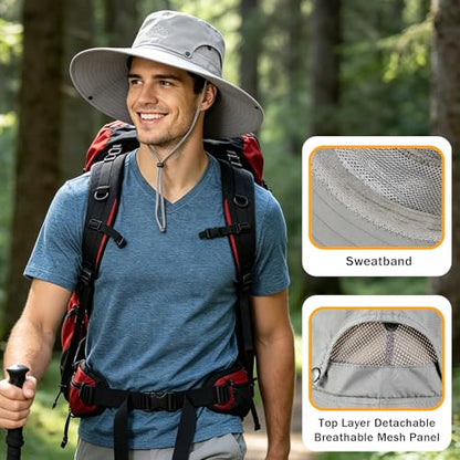 Mens Sun Hat Wide Brim Sun Hats for Men UV Protection Waterproof Bucket Hat - color: Light Grey