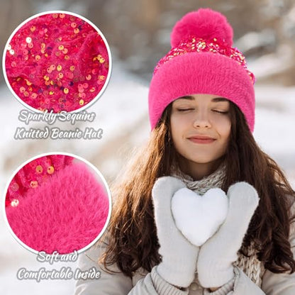 4 Pcs Sequin Pom Pom Beanie Winter - color: Black, Rose Red, White, Gold