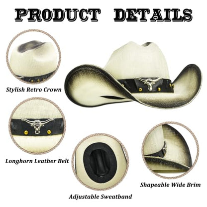 FLUFFY SENSE. Cowboy Hat for Women and Men - Straw Cattleman Crease Western Hats with Upgrade 4 inches Shapeable Wide Brim - color: Vanilla White
