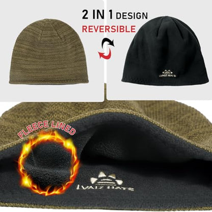 2 Pack Fleece Lined Beanie Hat Reversible Knit Skull Cap for Men Women - color: Black+khaki